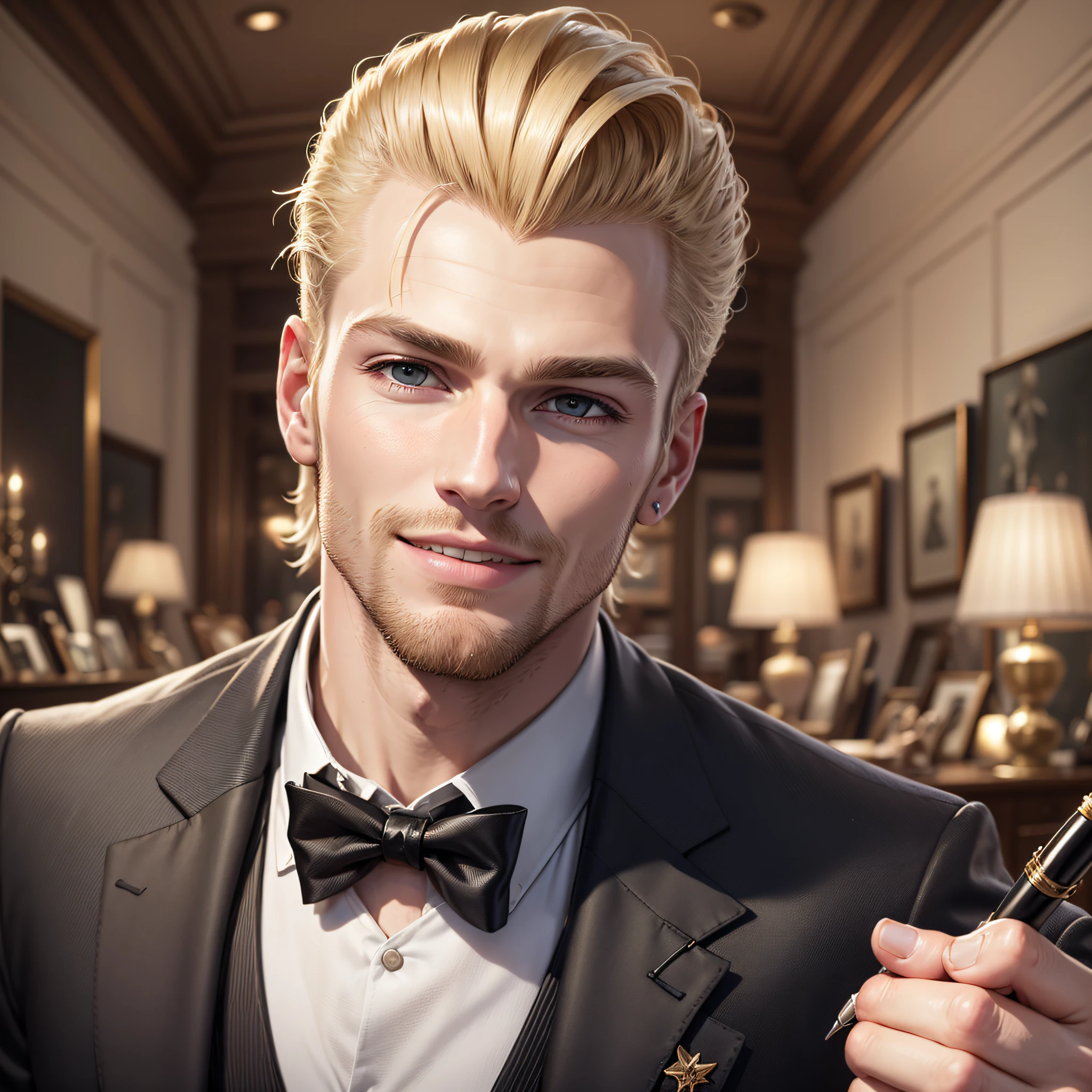 Realistic image of a blonde man, with his hair combed back, dressed in a black blazer, with a confident smile on his lips, displaying a pen in front of his face, an antique shop as a background --auto --s2