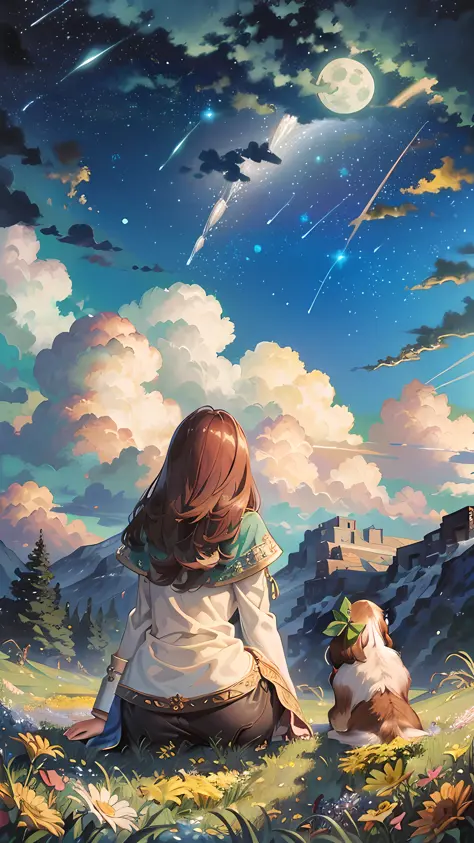 ((A painting of a woman and a dog gazing at a vast starry sky and a majestic landscape.)), (Masterpiece), BREAK , Best quality, ...
