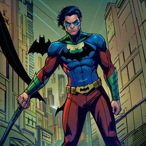 young nightwing with a green and red suit , ((batman logo in the chest))