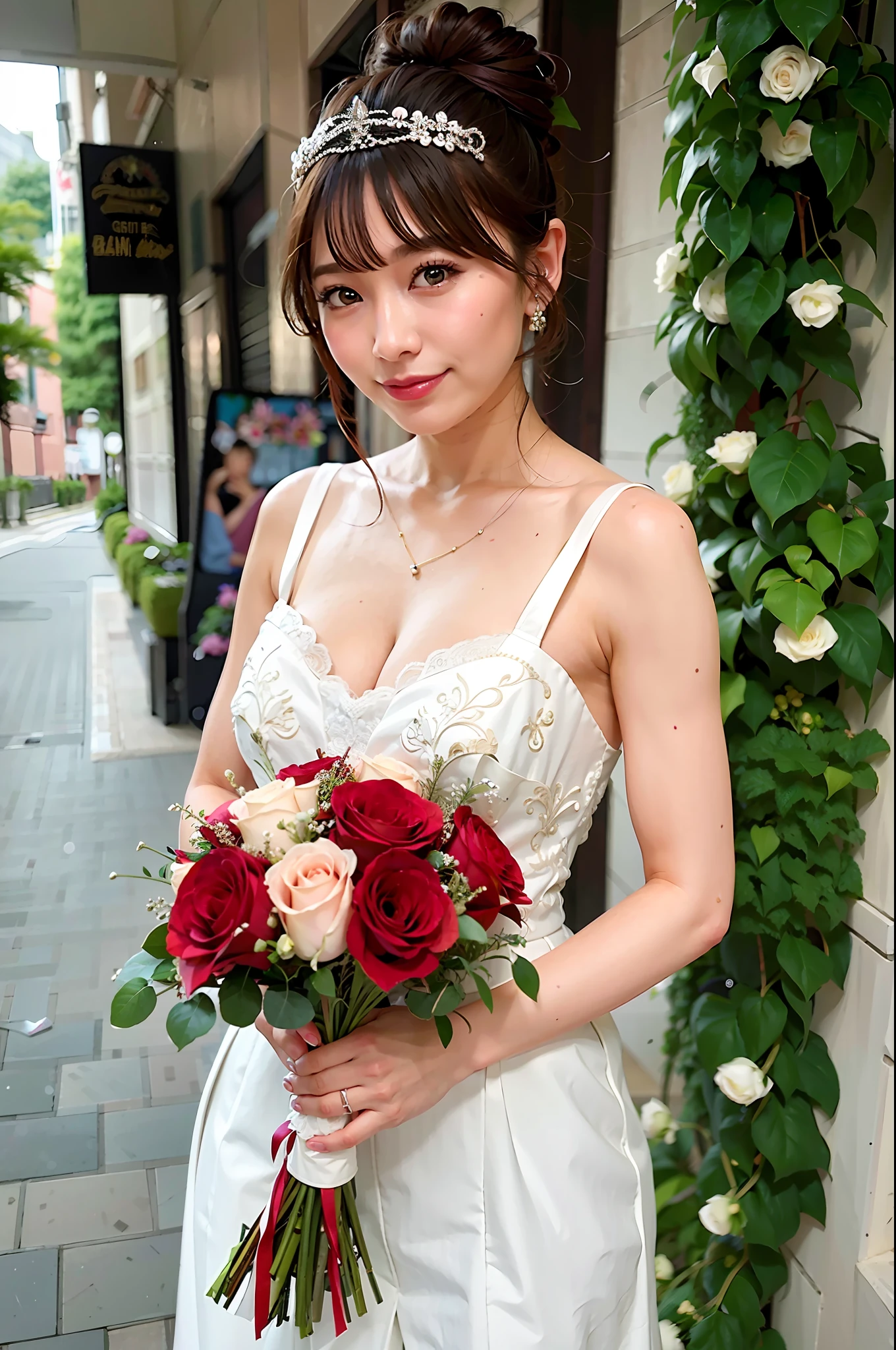 8K, high quality, detailed and delicate skin, precise finger generation, sharp face, alafed woman in wedding dress with bouquet of roses, lovely woman with flowers, photo taken with nikon D750, photo taken with Nikon D7 5 0, cute elegant pose, shot with Canon EOS 5 D Mark IV, beautiful asian girl, ayami in Kojima