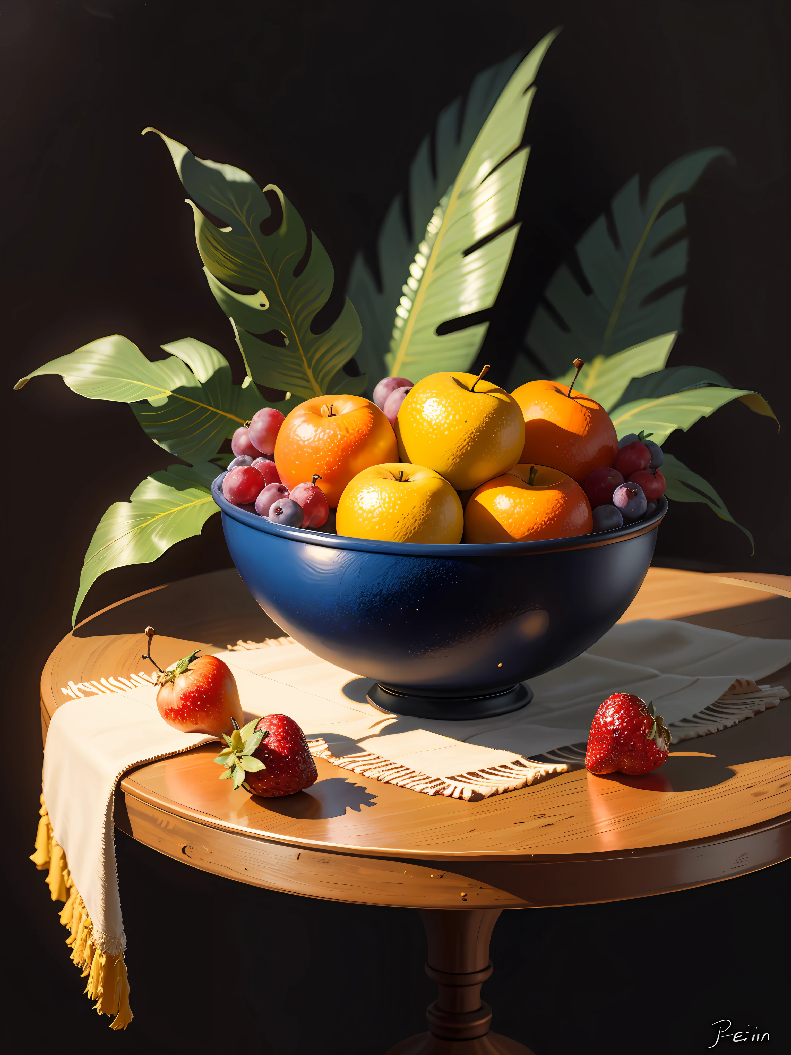 油絵　果物と食器 油絵果物と食器