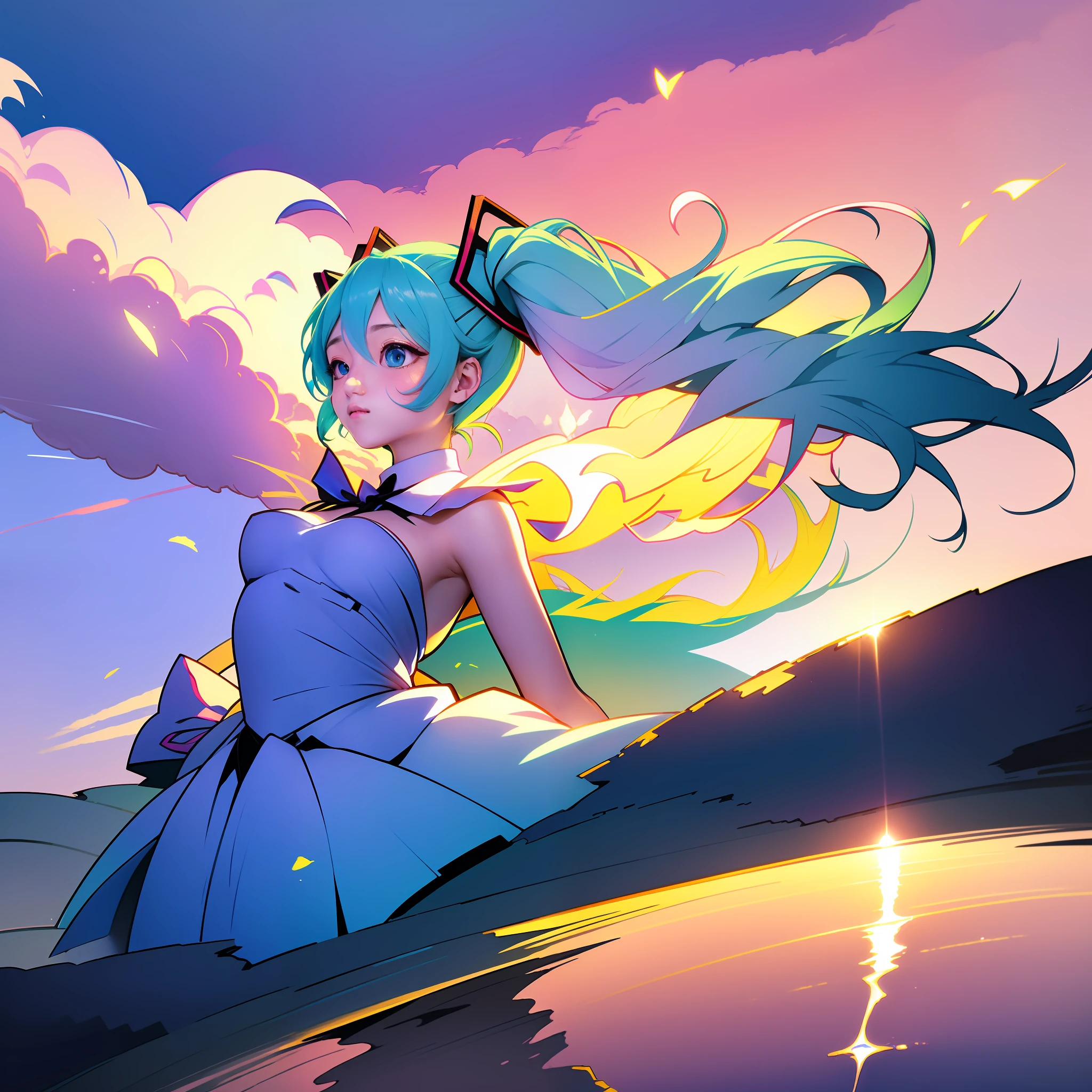 (obra de arte) alta qualidade, papel de parede CG ultra-detalhado de (Hatsune Miku), in an extremely delicate e beautiful style. Floating in mid-air com dynamic angles, mostrando ela (olhos azuis vibrantes) e (colorful hair com emphasis on teal e pink shades: 1.3) com perfect realism. She wears elegant e intricate (vestido branco) o que acentua sua beleza. O pano de fundo captura o (Pôr-do-sol sereno), com (clouds e watercolor effects) o que aumenta a atmosfera etérea da cena.