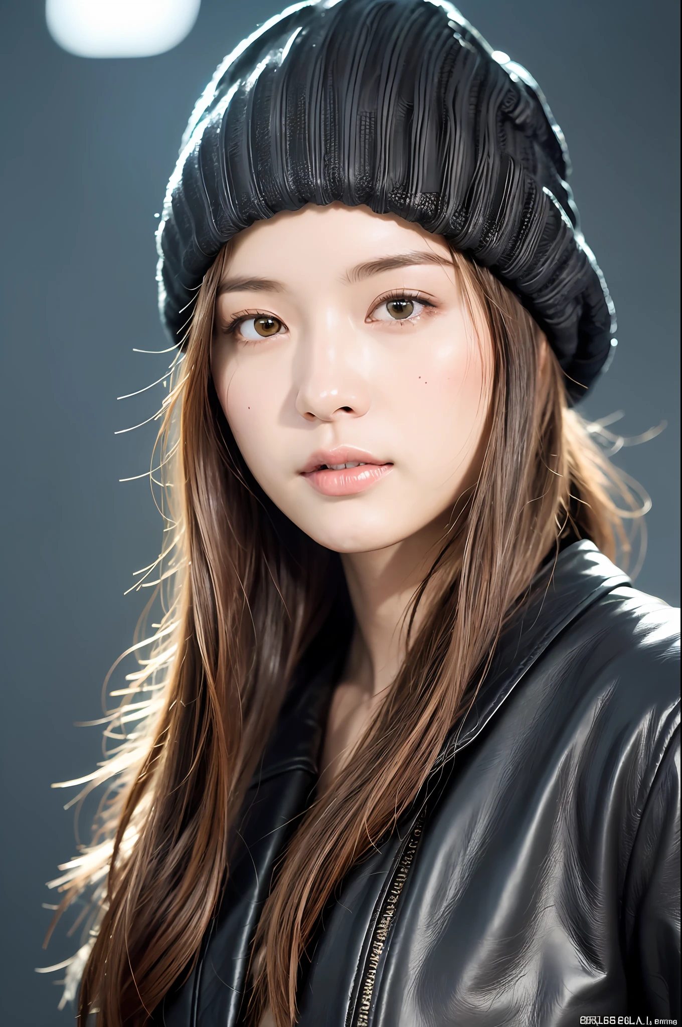 (
(8k:1.27), best quality, masterpiece, ultra highres:1.2) Photo of Pretty Japanese woman
 (beautiful:1.1) (sci-fi warrior woman:1.1) space soldier, (beanie:1.61) (leather jacket:1.21) intricate elegant, fantasy, detailed, ometric by greg rutkowski and alphonse mucha, gradient lighting