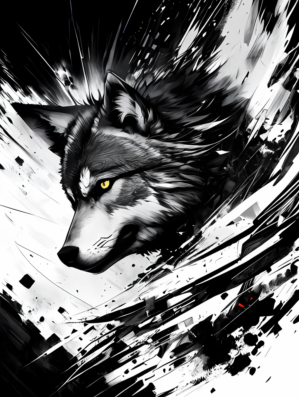 Wolf, style of Yoji Shinkawa, black and white, print, super detailed