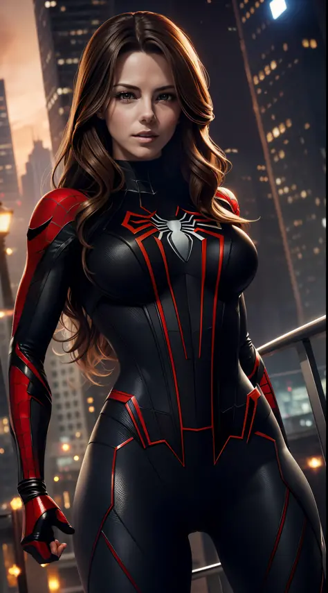 Kate Beckinsale, cosplay of ((black spider man)) highly detailed, with spider man mask, (moderate neckline), wet legs, medium breasts, in superhero pose, ((in battle pose)), hourglass body, long curly hair, detailed face, cinematic, maximum detail, city, s...