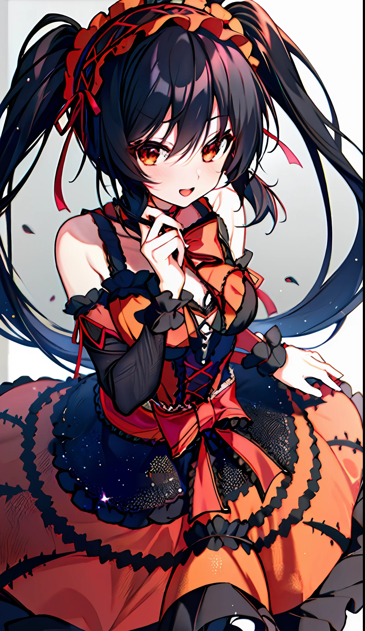 1 beautiful girl, masterpiece, top quality, very detailed, 8k anime, 1 girl, detailed fingers, precise fingers, not unnatural hands, odd eye, black hair twin tails, kurumi tokizaki,