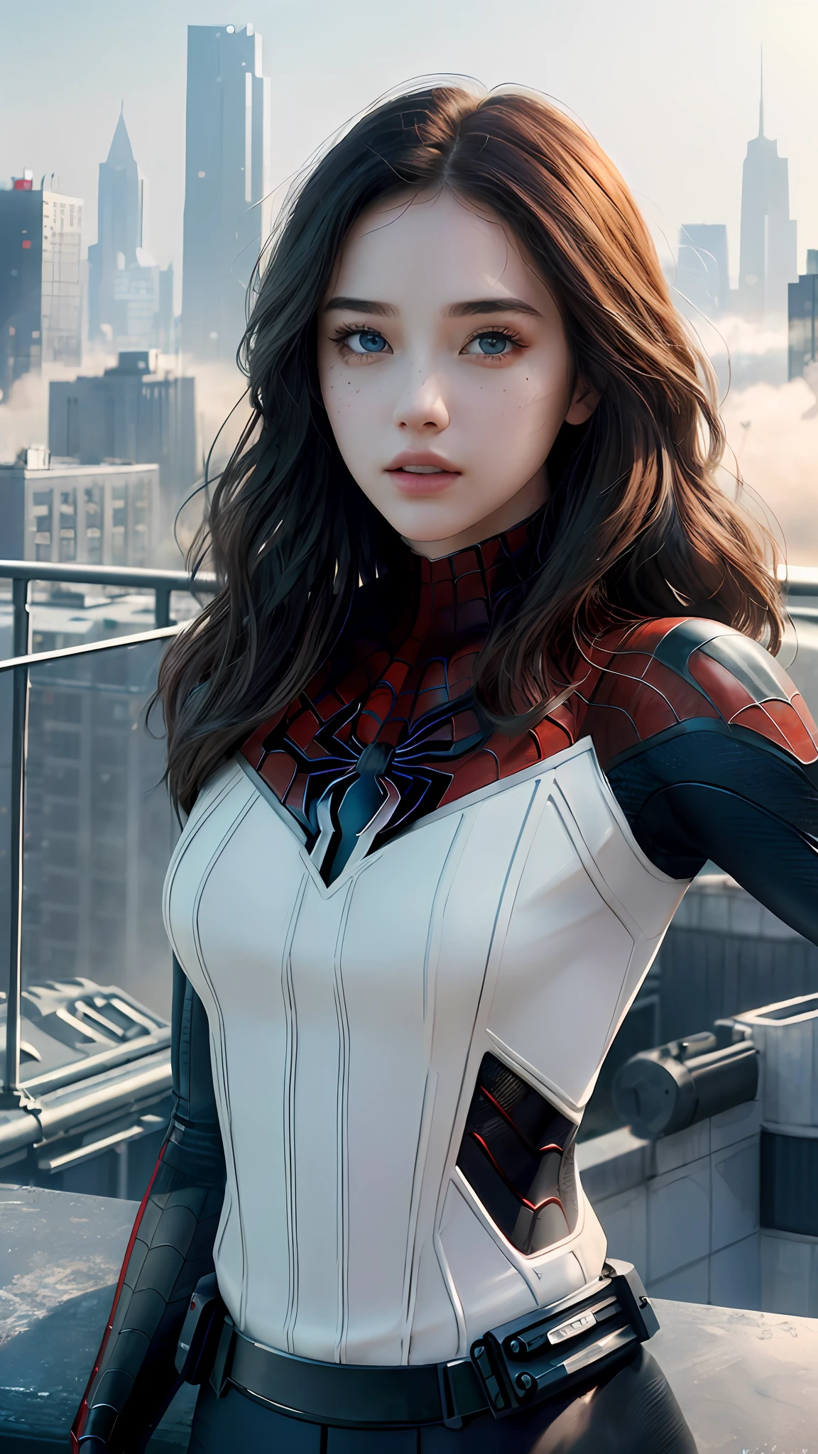 (1girl:1.3), Solo, (((Very detailed face)))), ((Very detailed eyes and face)))), Beautiful detail eyes, Body parts__, Official art, Unified 8k wallpaper, Super detailed, beautiful and beautiful, beautiful, masterpiece, best quality, original, masterpiece, super fine photo, best quality, super high resolution, realistic realism, sunlight, full body portrait, amazing beauty, dynamic pose, delicate face, vibrant eyes, (from the front), She wears Spider-Man suit, red and black color scheme, spider, very detailed city roof background, rooftop, overlooking the city, detailed face, detailed complex busy background, messy, gorgeous, milky white, highly detailed skin, realistic skin details, visible pores, clear focus, volumetric fog, 8k uhd, DSLR, high quality, film grain, fair skin, photo realism, lomography, futuristic dystopian megalopolis, translucent