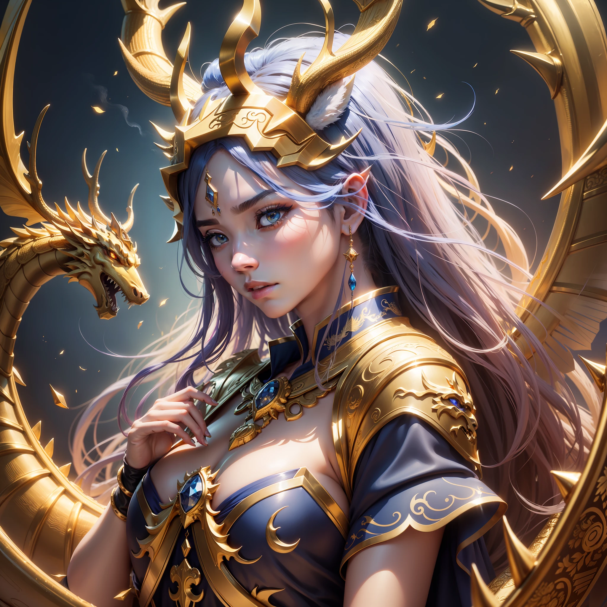 4K, реалистичный, Властный, очень подробный, blue небо has a golden dragon  with five claws all over gold - SeaArt AI