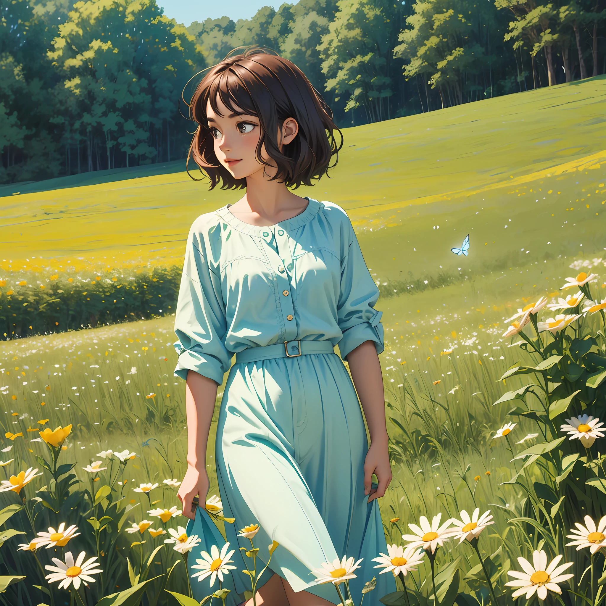 countryside road trip movie poster, masterpiece, best quality, 1girl, field of daisy, vibrant, happy, butterflies