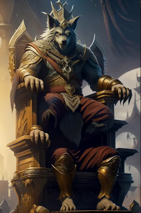 an old Werewolf king sitting on the throne in the heart of The City of Glas, throne is A very humid place full of puddles and leaks, regal, intimidating, ornate armor, regal crown, blurry_background, natural lighting, short twintails hair, looking_at_viewe...