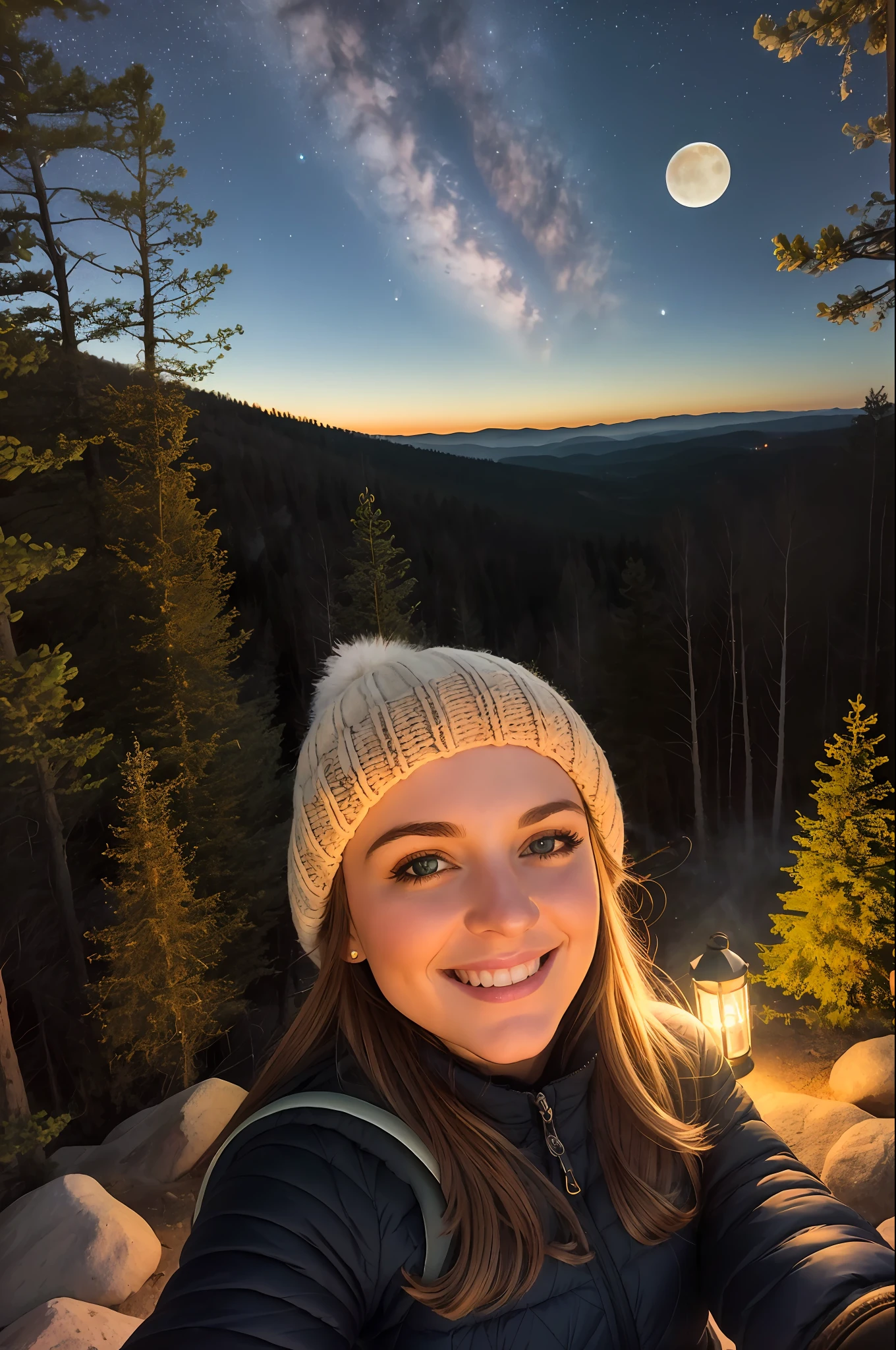 1 woman ((upper body selfie, happy)), masterpiece, best quality, ultra-detailed, ground, outdoor, (night), mountains, nature, (stars, moon) cheerful, happy, backpack, bag sleeping, camping stove, water bottle, mountain boots, gloves, sweater, hat, lantern, forest, stones, river, wood, smoke, shadows, contrast, clear sky, style, (warm hue, warm tone)