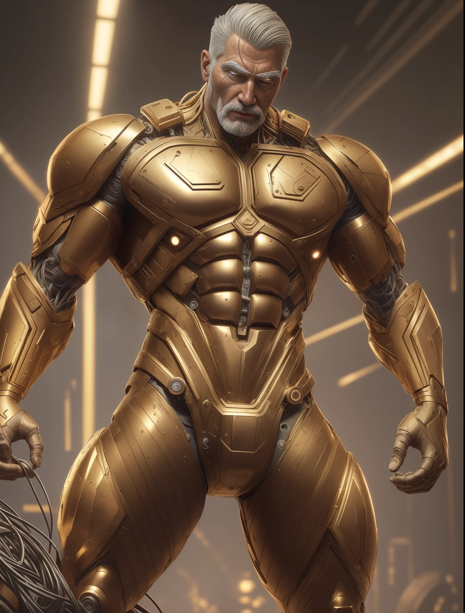 (Very attractive) muscular cyborg older man with a (model face), chisled features, exposed wires, gold oil leaking from rusty wires, lights, extremely asthetically chiseled physique, old destress metal,  full body view, huge Crotch bulge, --auto --s2