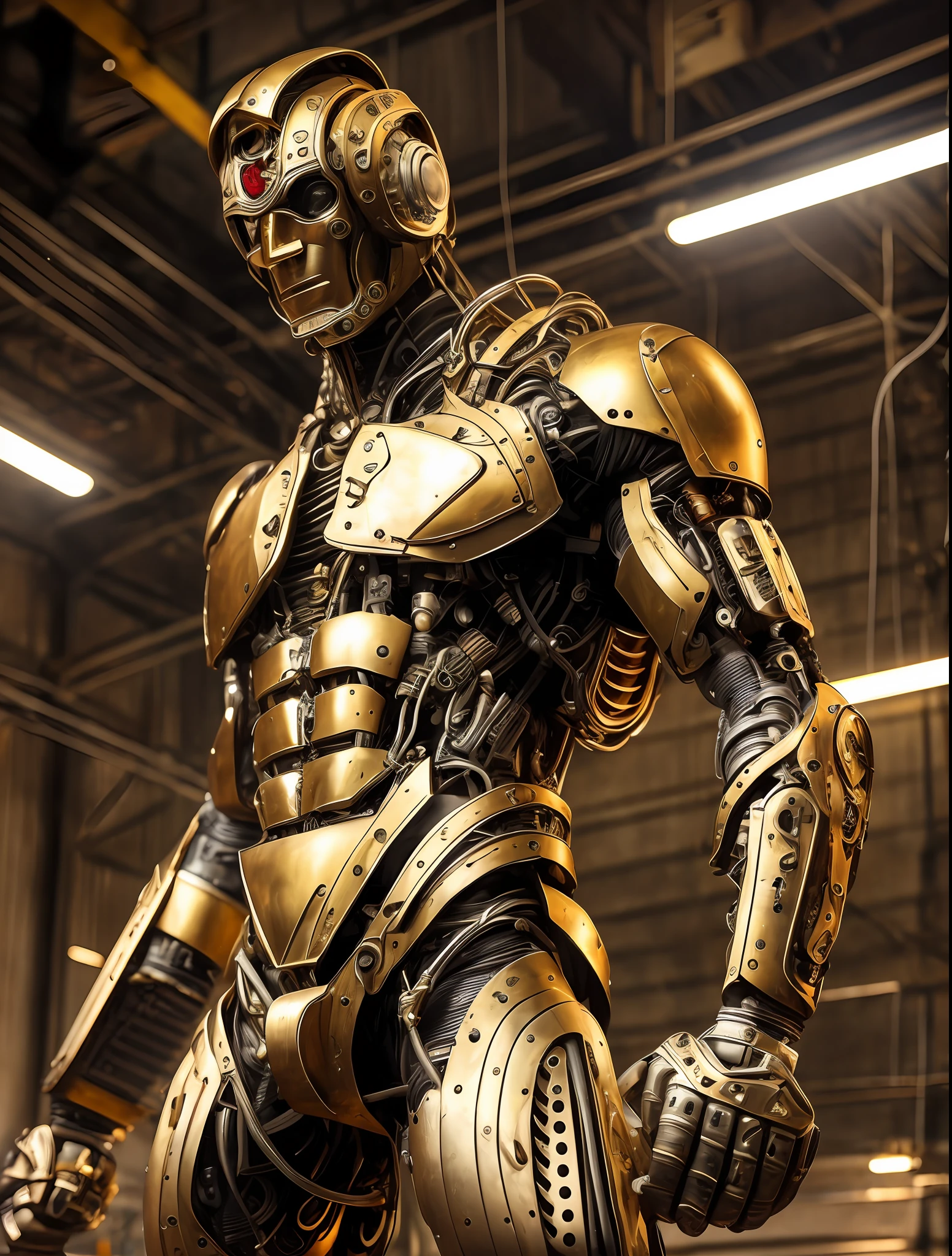 (Very attractive) muscular cyborg older man with a (model face), chisled features, exposed wires, gold oil leaking from rusty wires, lights, extremely asthetically chiseled physique, old destress metal,  huge Crotch bulge, --auto --s2