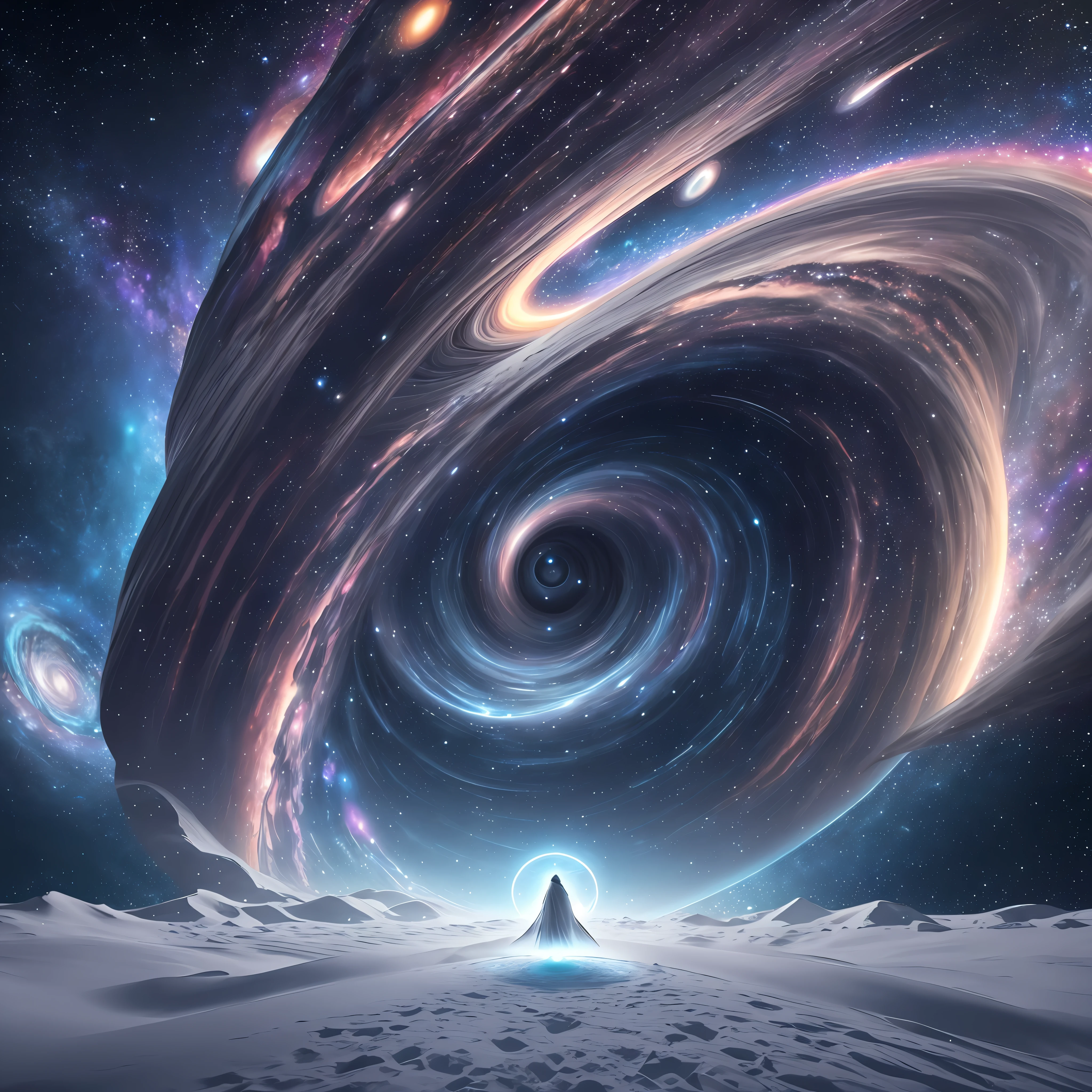 Riesiger Mann in einen weißen Umhang gehüllt auf einem Planeten vor einem Spiralwirbel mit einem Hintergrund aus Galaxien, magisches Portal im Himmel, cloud vortex, brillantes magisches Zeitportal, hochdetailliert in 32k, Hyperdetailliert, hyperscharf, hyperrealistisch, hyper kompliziert, Fotorealismus-Stil