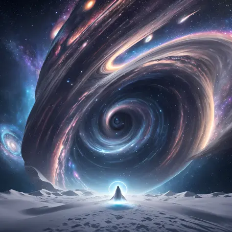 Gigantic man wrapped in a white cloak on top of a planet in front of a spiral vortex with a background of galaxies, magical port...