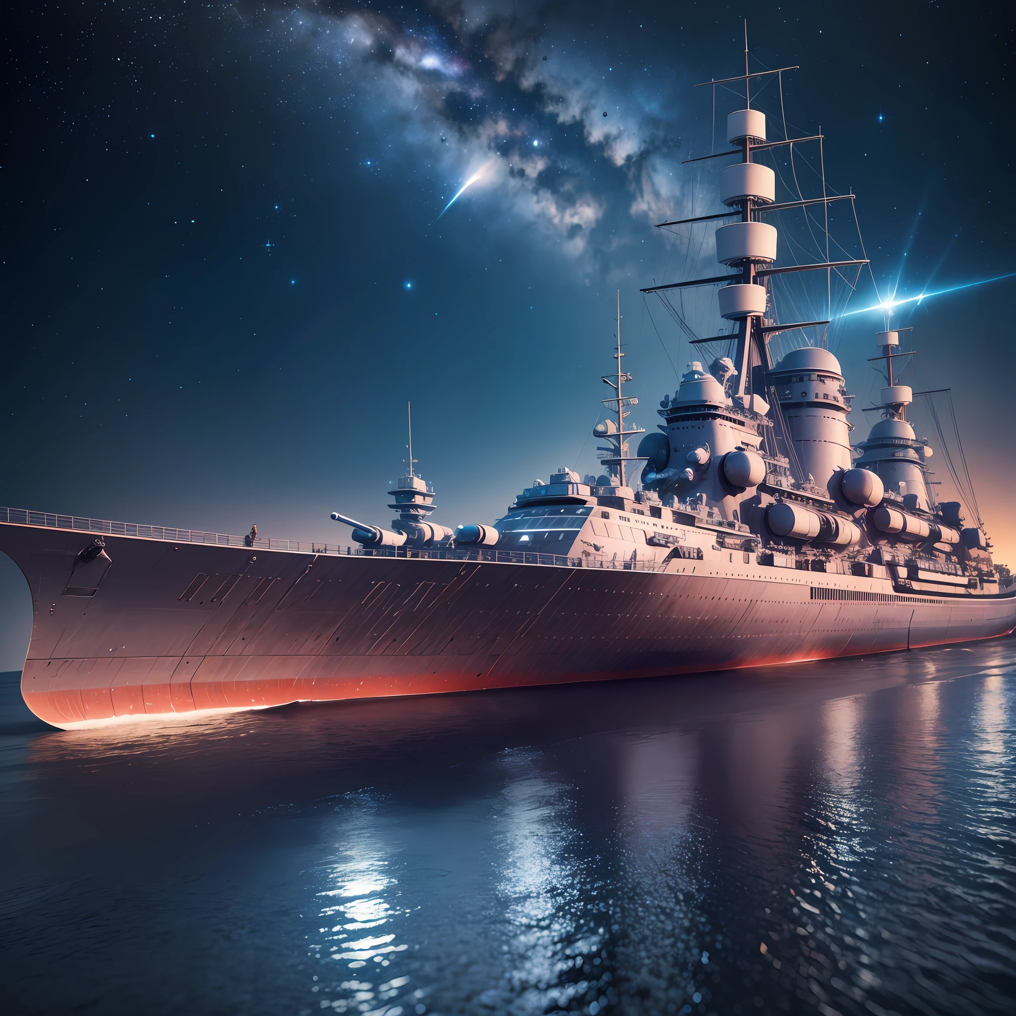 A large battleship floating in the water with a bright light shining on ...