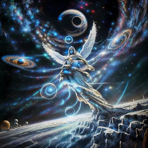 God man gigantic guardian angel of the galaxies, wrapped in a white and gold veil on top of a planet in front of a spiral vortex with a background of galaxies, magical portal in the sky, brilliant magical time portal, highly detailed in 32k, hyper detailed...