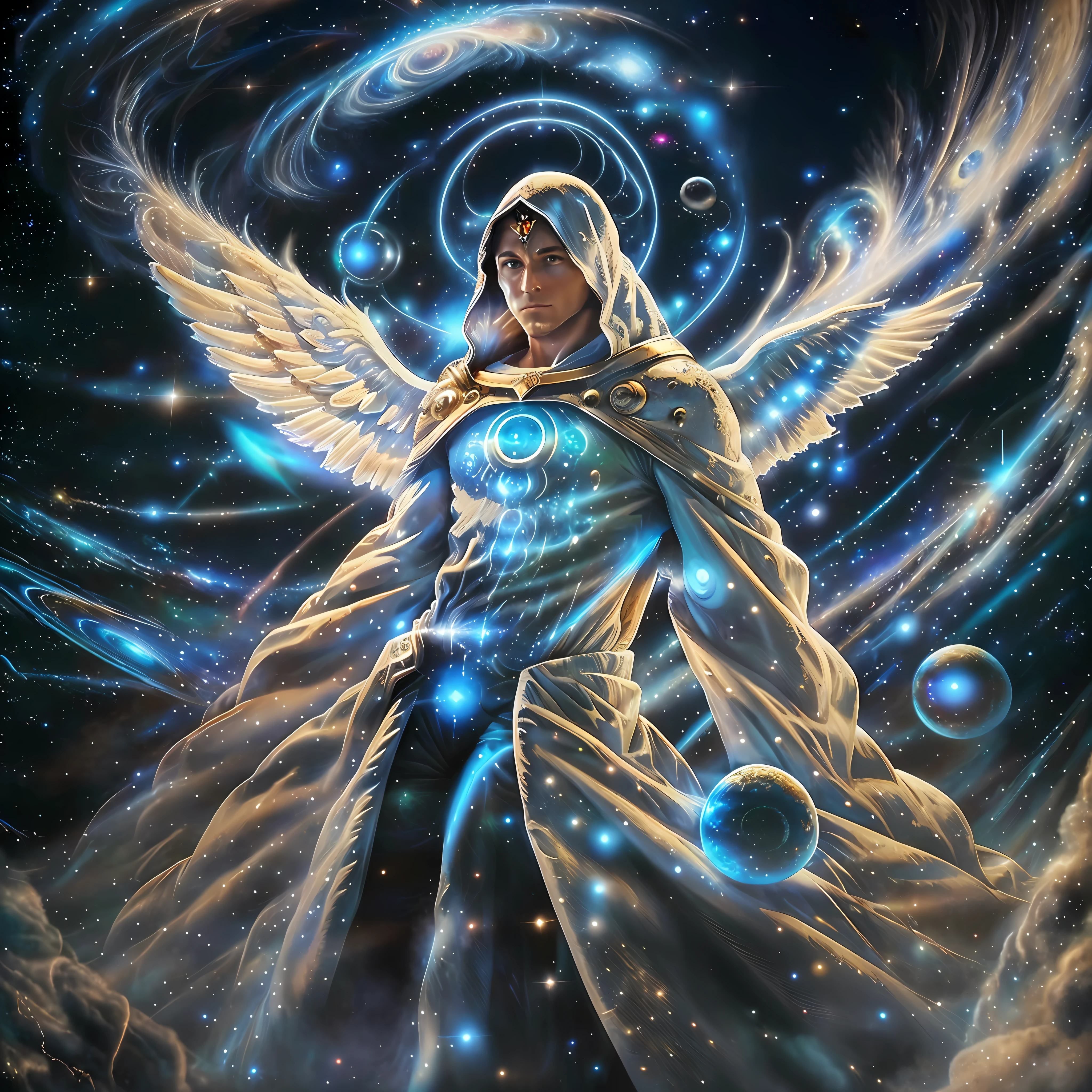 God man gigantic guardian angel of the galaxies, wrapped in a white and gold veil on top of a planet in front of a spiral vortex with a background of galaxies, magical portal in the sky, brilliant magical time portal, highly detailed in 32k, hyper detailed, hyper sharp, hyper realistic, hyper intricate, photorealism style