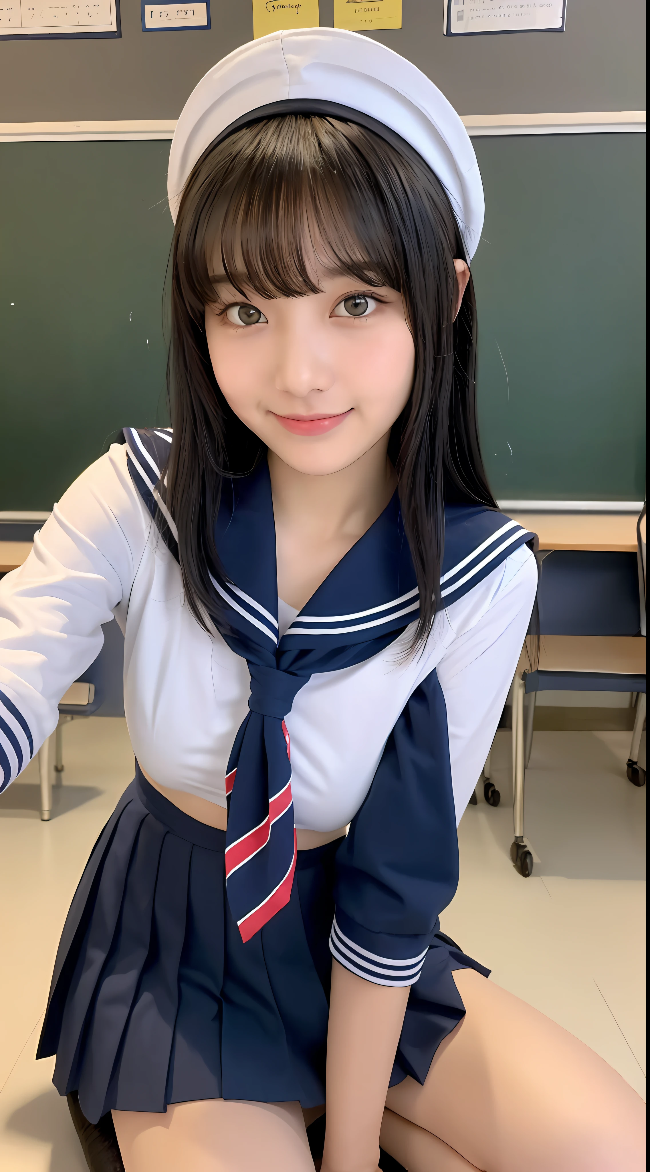 (Best quality, 8k, masterpiece: 1.3), a Pretty Girl with perfect figure:1.4, (high-school student, teens), (summer school uniform, sailor uniform, navy blue, pleated skirt, mini skirt, red scarf, school knee-high socks), (black hair small breasts), (blunt bangs:1.2),  (high school, classroom), highly detailed face and skin, detailed eyes, double eyelids, smile