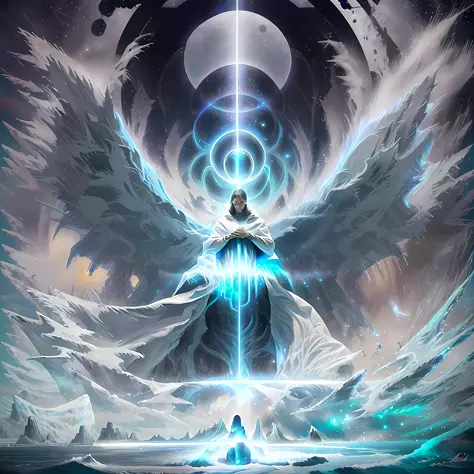 God gigantic man wrapped in a white cloak emerging from the ocean waters in front of a vortex, magical portal in the sky illuminated and full of colored lights, brilliant magical time portal, highly detailed in 32k, hyper detailed, hyper sharp, hyper reali...