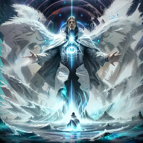 God gigantic man wrapped in a white cloak emerging from the ocean waters in front of a vortex, magical portal in the sky illuminated and full of colored lights, brilliant magical time portal, highly detailed in 32k, hyper detailed, hyper sharp, hyper reali...