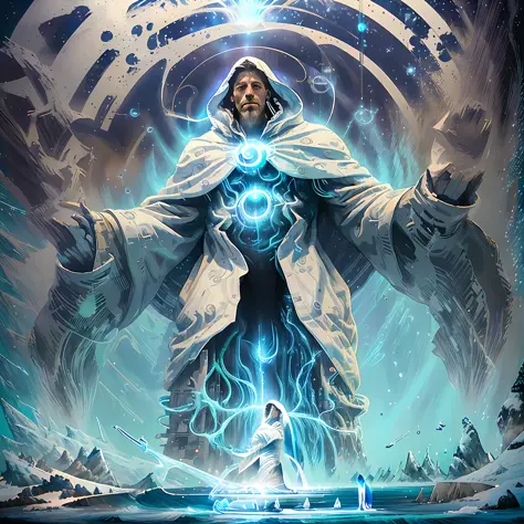God gigantic man wrapped in a white cloak emerging from the ocean waters in front of a vortex, magical portal in the sky illumin...
