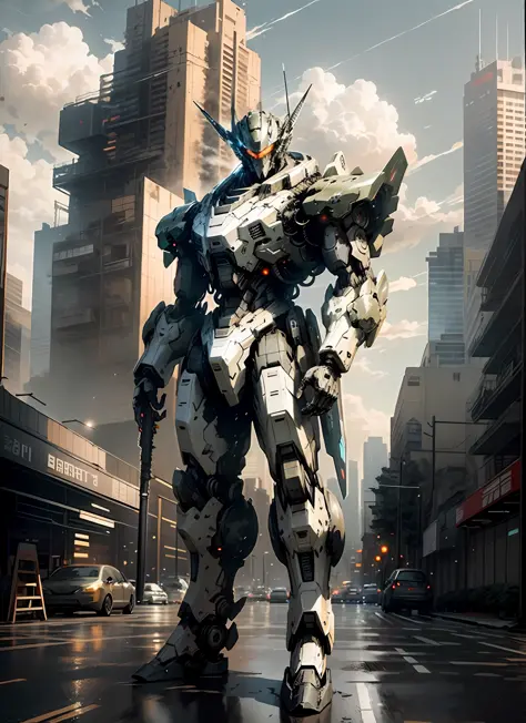 masterpiece, best quality, sky, cloud, holding_weapon, glowing, robot, building, glowing_eyes, mecha, science_fiction, city, realistic,mecha, black color, full body
