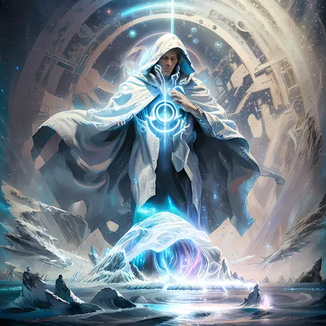 god gigantic man wrapped in a white cloak emerging from the ocean waters in front of a vortex, magical portal in the sky illumin...