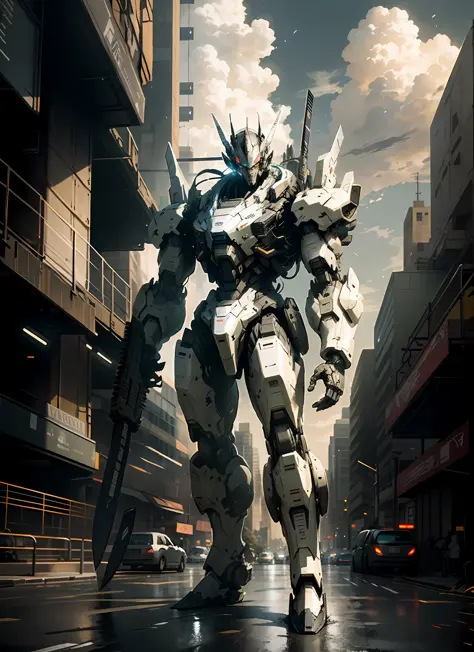 masterpiece, best quality, sky, cloud, holding_weapon, glowing, robot, building, glowing_eyes, mecha, science_fiction, city, realistic,mecha, black color, full body