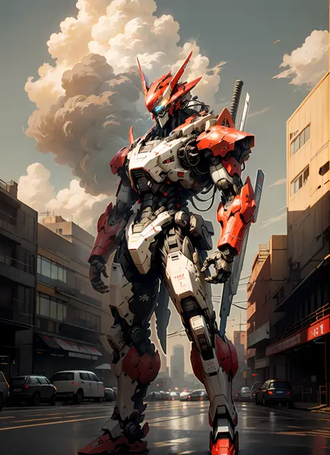 masterpiece, best quality, sky, cloud, holding_weapon, glowing, robot, building, glowing_eyes, mecha, science_fiction, city, realistic,mecha, red color, full body, looking into the distance
