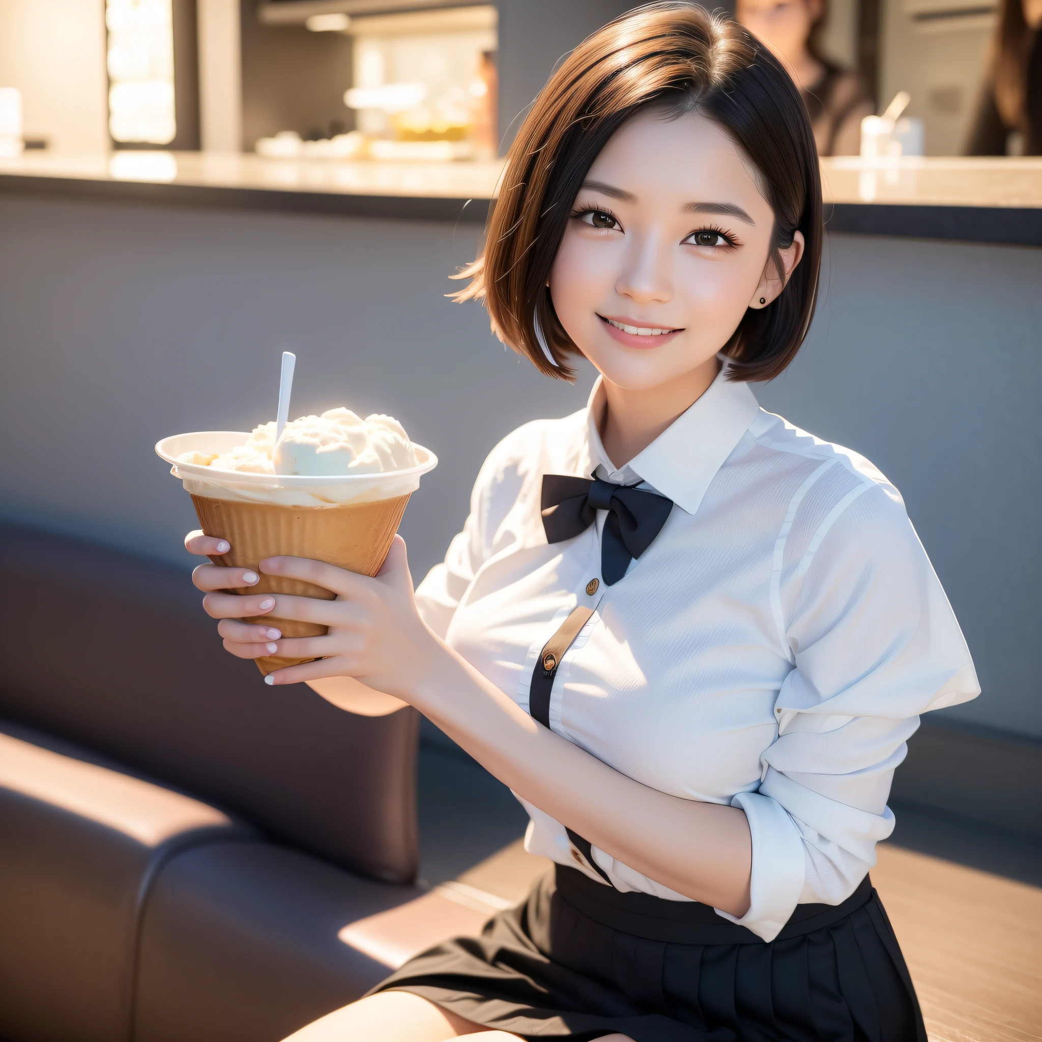 Araffe woman in a white shirt and black skirt holding a cup of coffee ...