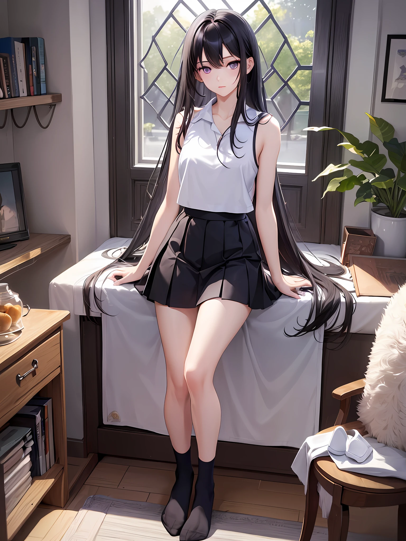 ((masterpiece, top quality, very detailed, high resolution)), ray tracing, calm room, girl 1, black hair, long hair, 19 years old, 168 cm, middle of chest, pectoral groove, full body, slender, thin waist, thighs, calves, beautiful legs, beautiful arms, beautiful eyes, purple eyes, well-formed features, cute, skirt, depiction of movement, cute clothes, no shoes, (socks, soles,) sleeveless, makeup,