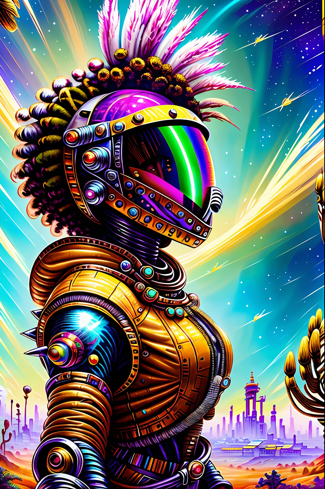 photo of beautiful african goddess sexy girl in a polished aluminum spacesuit desert moon landscape jetpack glass dome helmet domed structures buildings (AtomPunkStyleSD15:1.0) (masterpiece:1.5) (painting:1.1) (best quality) (detailed) (intricate) (8k) (HDR) (wallpaper) (cinematic lighting) (sharp focus), luxuriant afro-textured messed rainbow hair, dark skin, heterochromia eyes,