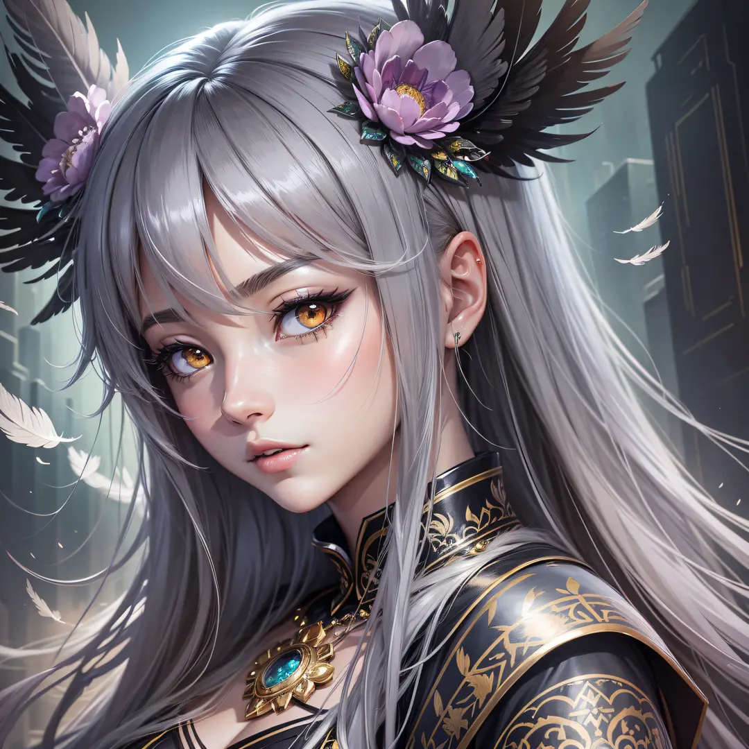 Masterpiece, best quality, {best quality}, {{masterpiece}}, {highres}, grayscale, anime, eye-catching, exotic, flying feathers, plumage, anime fantasy illustration, detailed 2D digital fantasy art, anime fantasy art, highly detailed official art, epic fant...