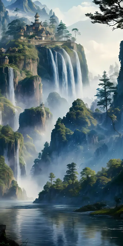 painting of a waterfall in a mountainous area with a house on the top, vertical wallpaper, 4 k vertical wallpaper, 4k vertical wallpaper, 8 k vertical wallpaper, 8k vertical wallpaper, ross tran. scenic background, beautiful mattepainting, 4 k matte painti...