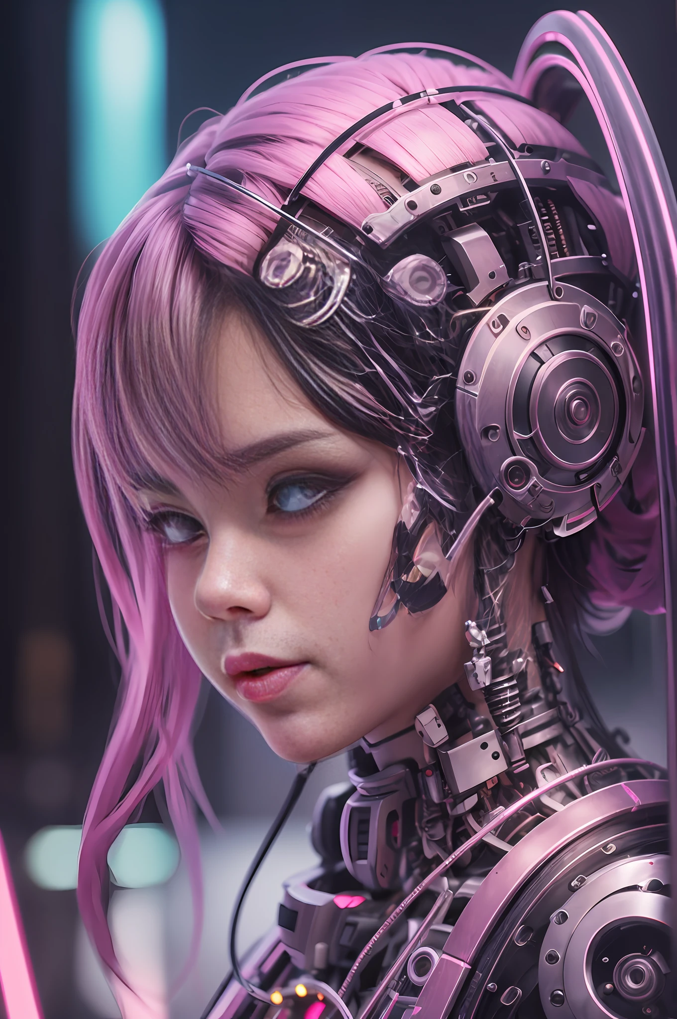 A cute mechanical cyberpunk Rosé Blackpink girl, realistic details, global illumination, shadows, octane render, 8k, ultra sharp,metal,intricate, ornaments detailed, cold colors, hyperdetailed, highly intricate details, realistic light, trending on cgsociety, glowing eyes, facing camera, neon details, machanical limbs, blood vessels connected to tubes,mechanical vertebra attaching to back, mechanical cervical attaching to neck, wires and cables connecting to head --auto --s2