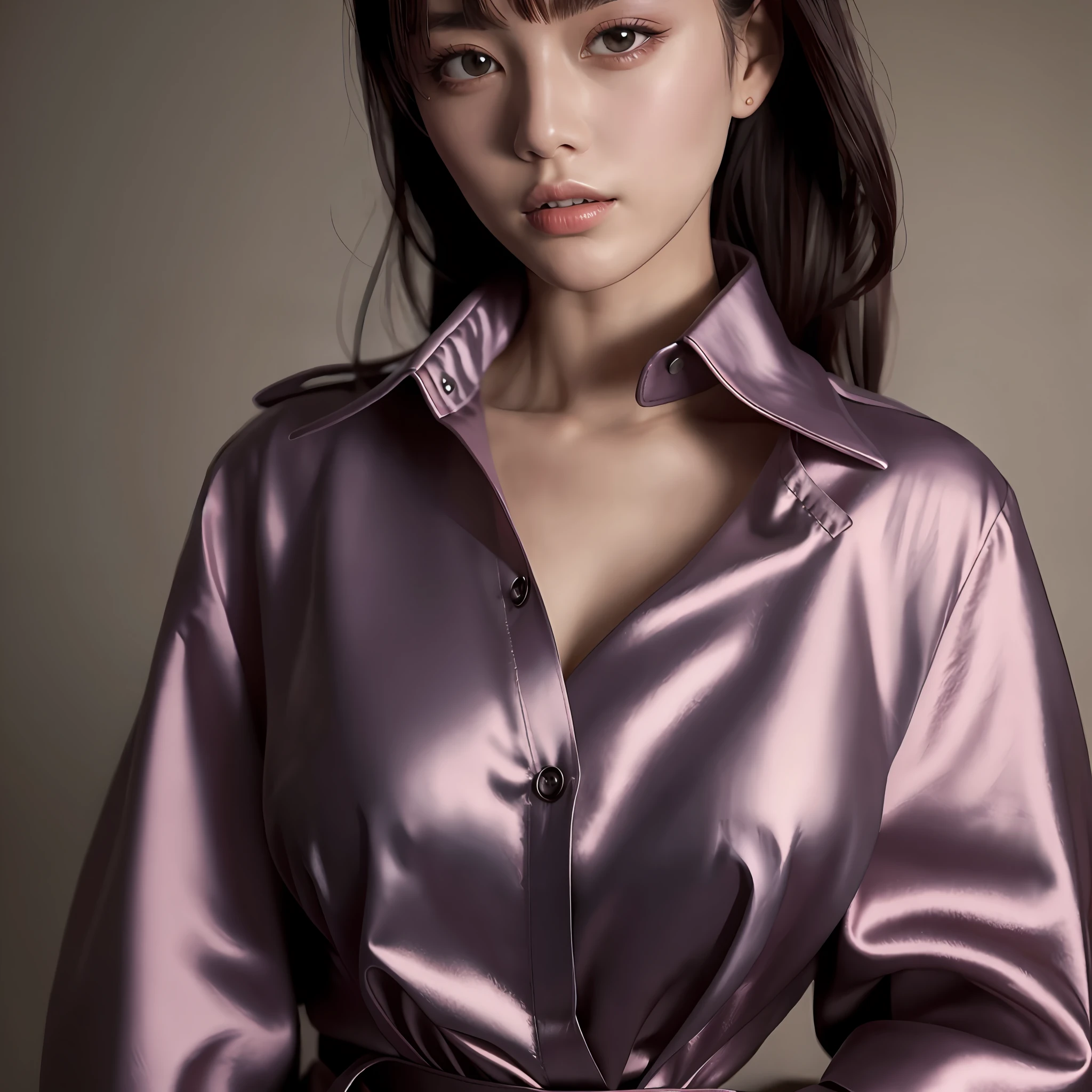 Wearing a satin blouse, also wearing a satent wrench coat, the material of the blouse and trench coat is satin, strong glossy, soft and smooth and smooth to the touch, the buttons on the front of the blouse are fastened, no bra is on, the blouse is fit the body, the chest is C cup, Japan fashion model, wearing a shirt, wearing a coat, one beautiful woman