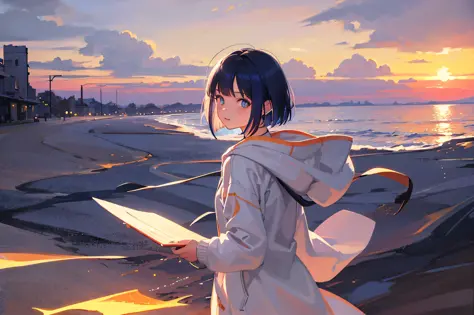 (masterpiece, finely detailed beautiful eyes: 1.2), (no lineart: 1.2), 1girl, backlighting, looking back, blue hair, bob cut, white hoodie, earphone, sky, sunset, beach, realistic