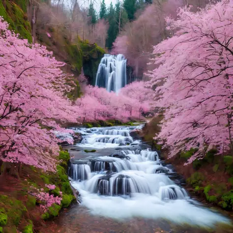 vast forested landscape, river cutting through the land, small waterfall, dynamic scenes, bright colors, rows of cherry blossom ...