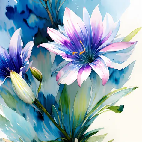 wtrcolor style, digital art of (Blue Lilies), official art, blown by the wind, masterpiece, beautiful, ((watercolor)), splashes ...