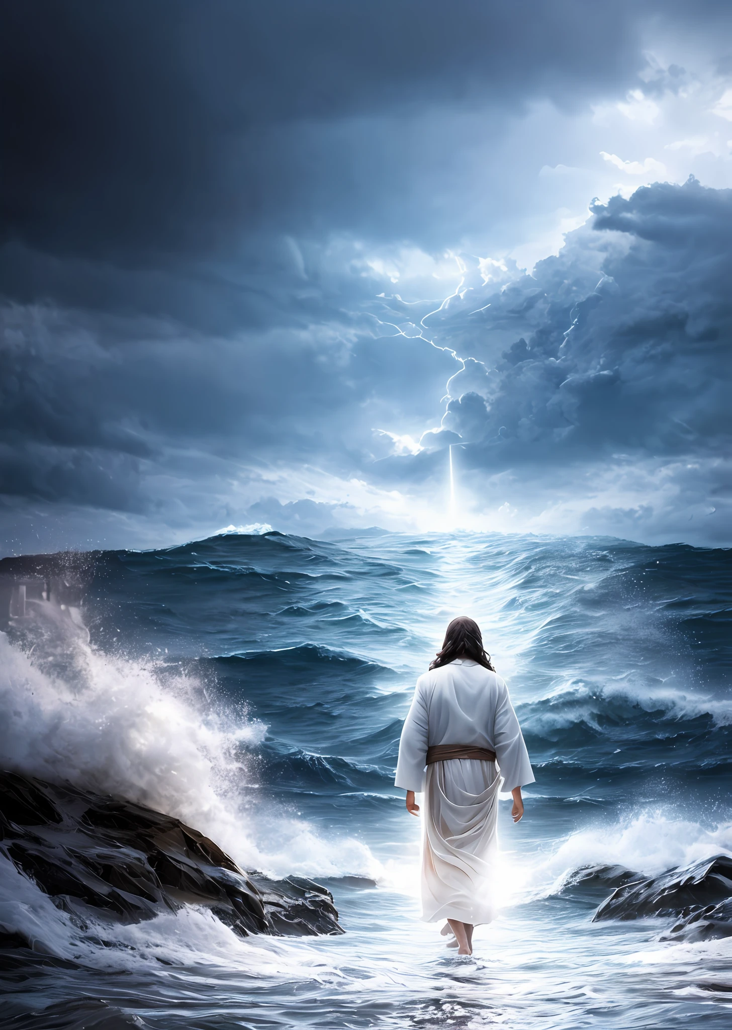 Jesus walking on water in a storm, gentle expression, streaks of light coming down from the sky, masterpiece, highest quality, high quality, highly detailed CG unit 8k wallpaper, award-winning photos, bokeh, depth of field, HDR, bloom, chromatic aberration, realistic, very detailed, trending at artstation, trending at CGsociety, complex, high detail, dramatic, mid-journey art, volumetric lighting