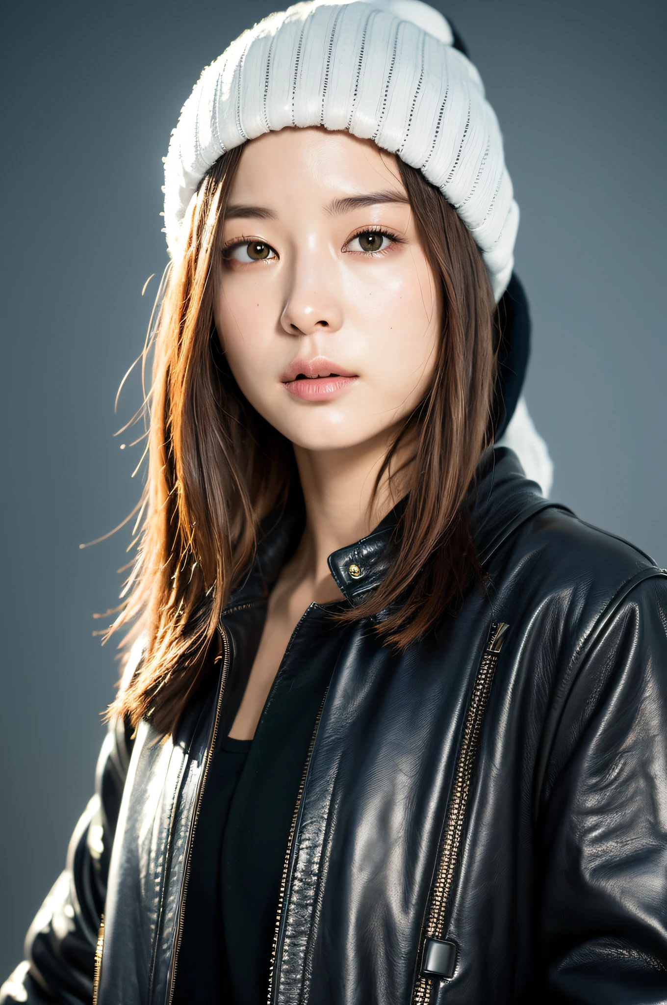 (
(8k:1.27), best quality, masterpiece, ultra highres:1.2) Photo of Pretty Japanese woman
 (beautiful:1.1) (sci-fi warrior woman:1.1) space soldier, (beanie:1.61) (leather jacket:1.21) intricate elegant, fantasy, detailed, ometric by greg rutkowski and alphonse mucha, gradient lighting