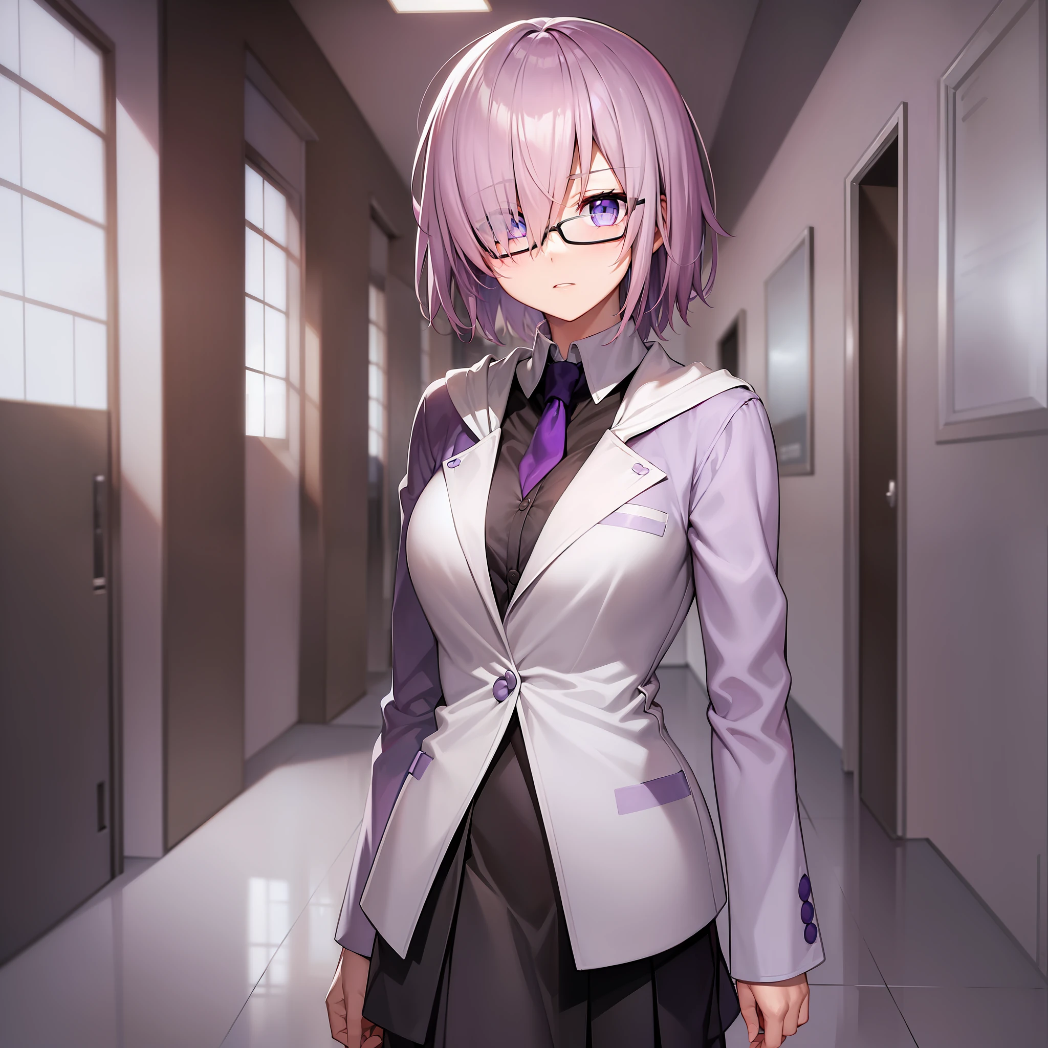 ((mash kyrielight standing in a hallway)), lilac hair, blue eyes, glasses, white jacket, black slacks, brown skirt, serious expression