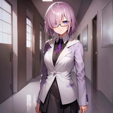 ((mash kyrielight standing in a hallway)), lilac hair, blue eyes, glasses, white jacket, black slacks, brown skirt, serious expr...