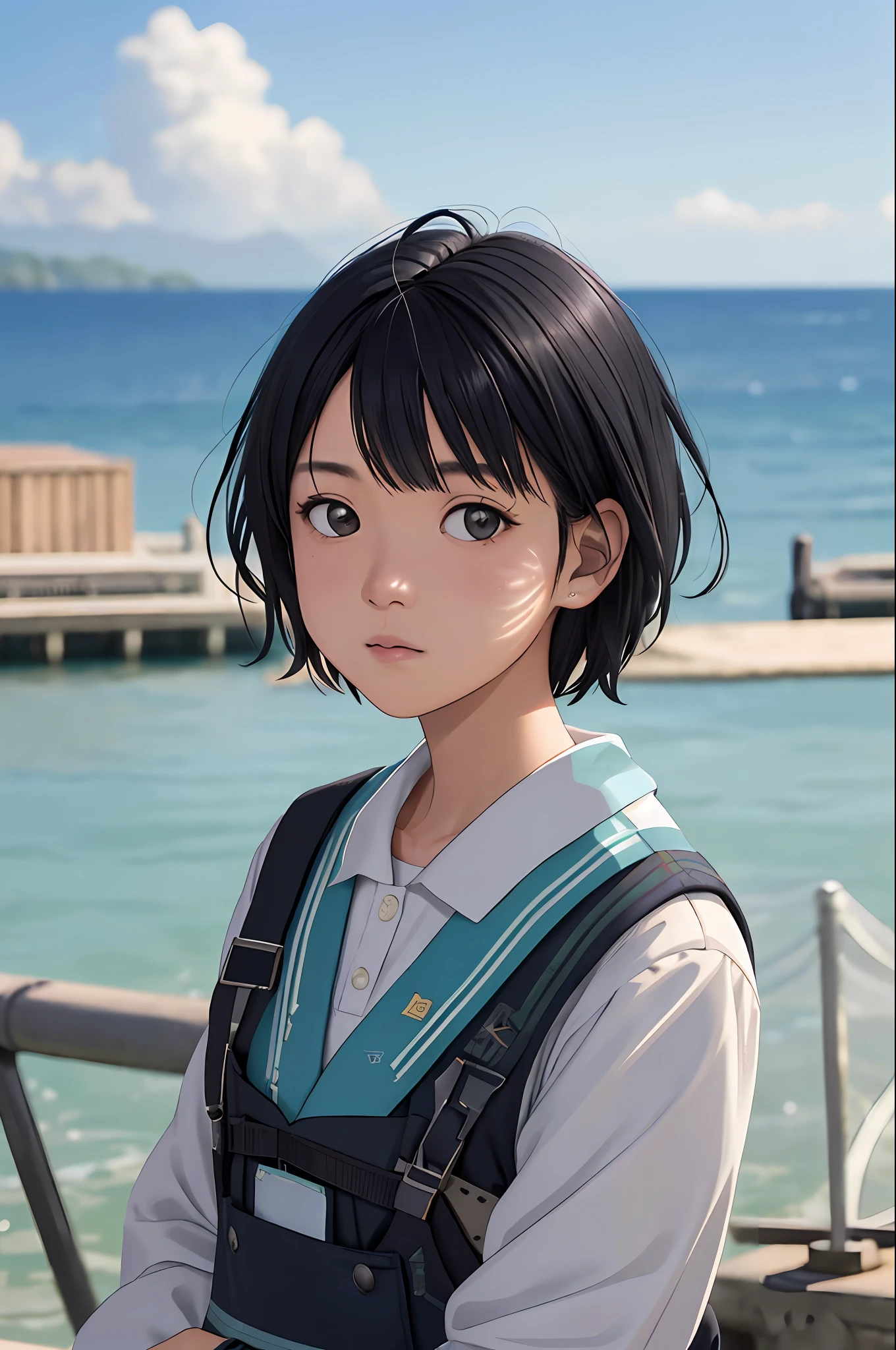 Kai Kokoai, STU48 Single Favorite Person Costume, Short Hair, Black Hair, One Girl, 18 Years Old, Best, Photography, Realistic, Best Quality, Adopted, Detailed Face, Strong Sunlight, Sea, Embankment, Detailed Background, Diffuse Sunlight, Depth of Field, Bokeh