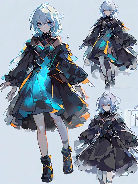 sketches of a woman in a blue dress and black coat, digital art on pixiv, trending on artstation pixiv, fashion concept art, anime concept art, concept artstyle, outfit design, clothing concept, ( ( character concept art ) ), full body concept, colored con...