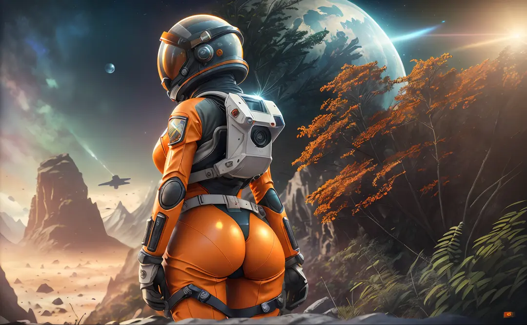 Highly detailed RAW color photo, rear angle, full body, of (female space soldier, wearing orange and white space suit, helmet, tinned face shield, rebreather, accented booty), outdoors, (looking up at the advanced alien structure, on alien planet), toned b...