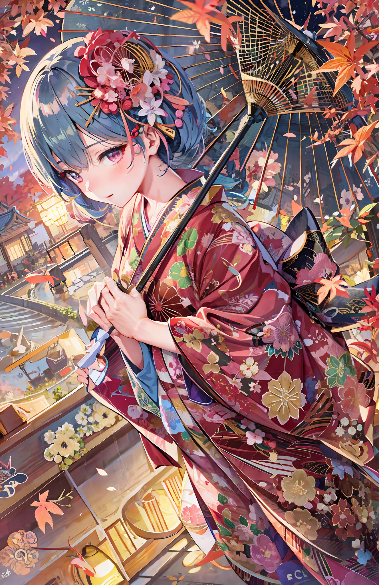 Anime girl in kimono outfit holding an umbrella in front of a store ...