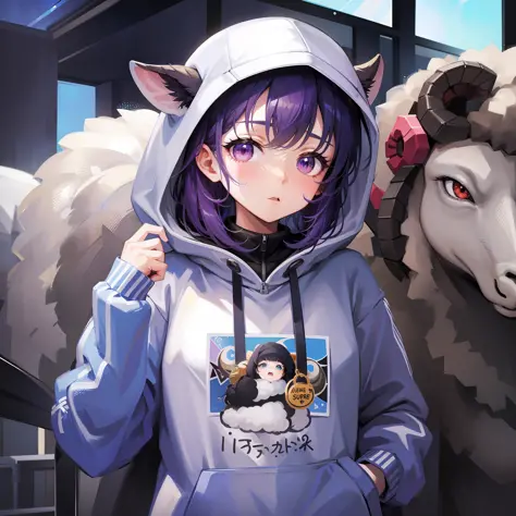 girl in hoodie with index finger to mouth, facing camera, upper body, sheep, sheep sticker, key anime art, digital art on projec...