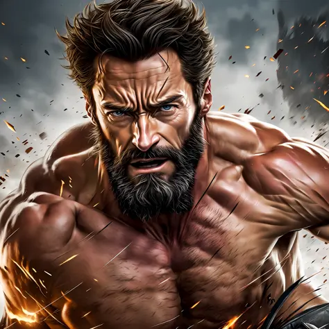 color shot of a realistic, older Hugh Jackman as Wolverine in his classic costume, "with his iconic claws and rugged, battle-worn appearance, in a powerful, furious pose, with a rough, stark background to create a visually striking image that showcases the...